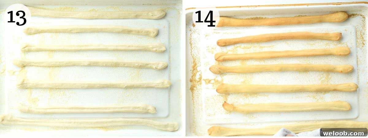 Two photos of Italian breadsticks before and after baking