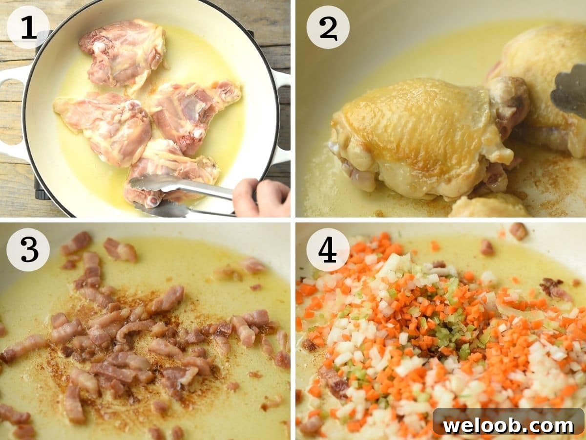 Step by step photos showing how to brown chicken and pancetta