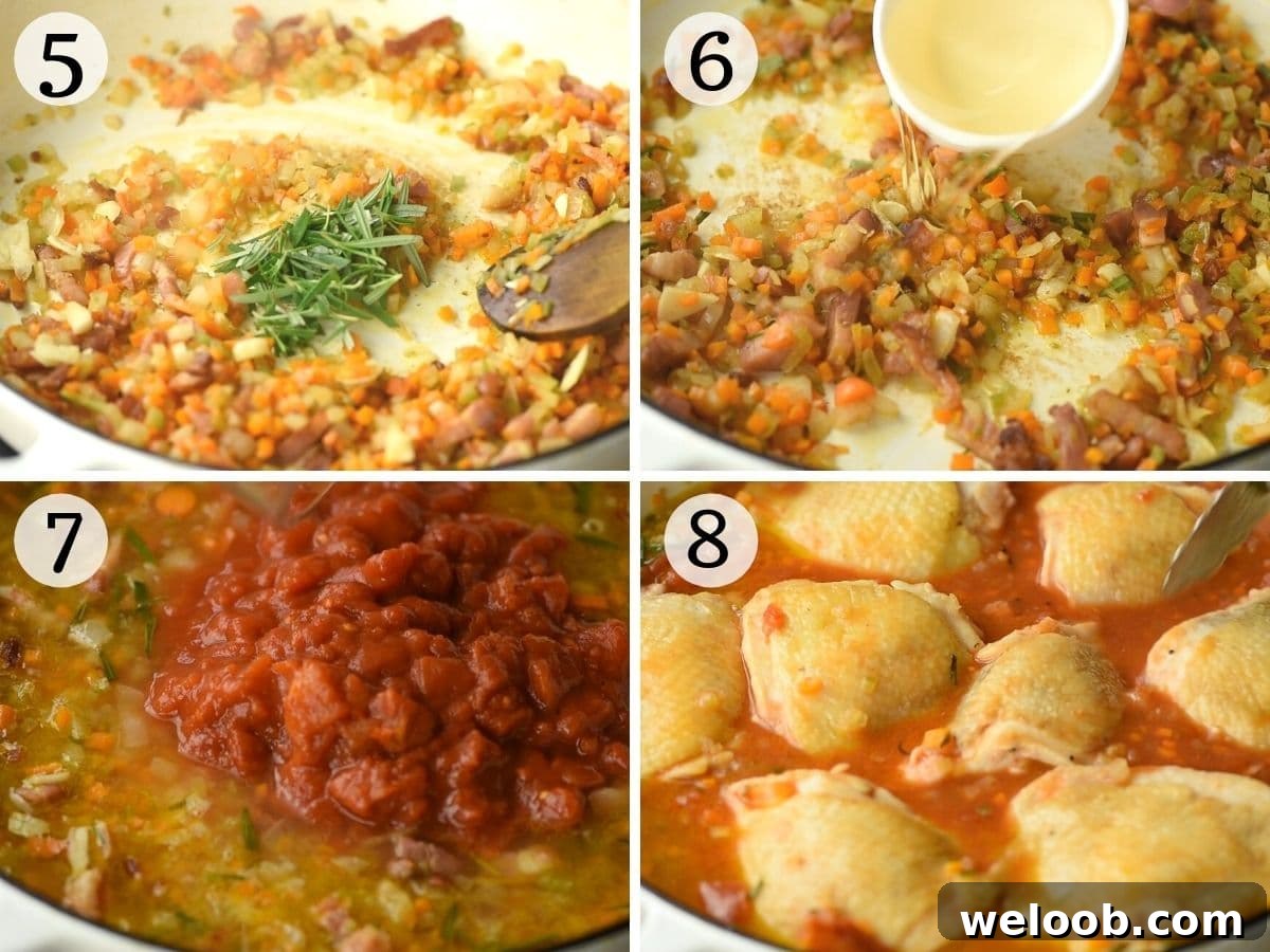 Step by step photos showing how to saute vegetables and prepare a chicken stew