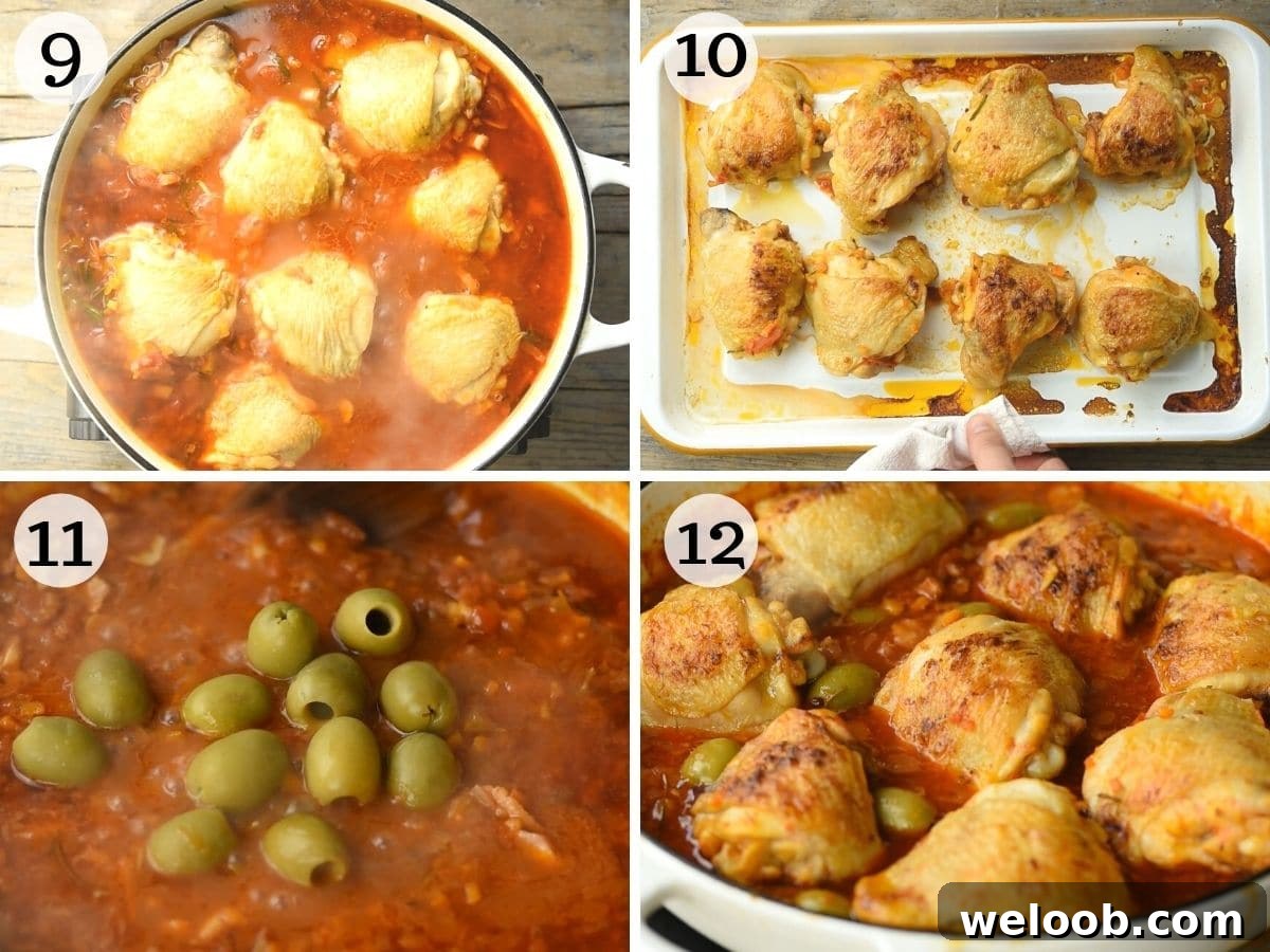 Step by step photos showing the final stages of cooking chicken cacciatore