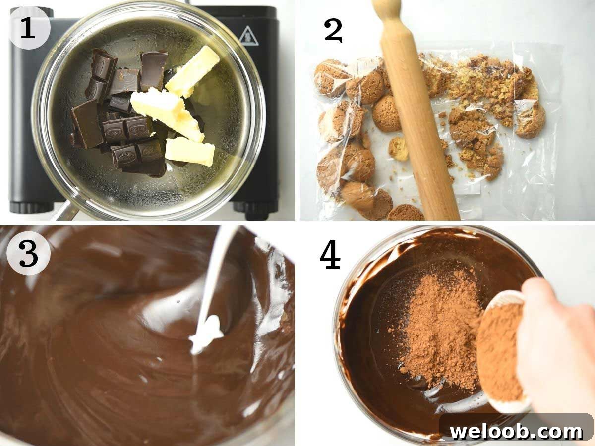 Step by step photos showing how to melt chocolate and crush cookies