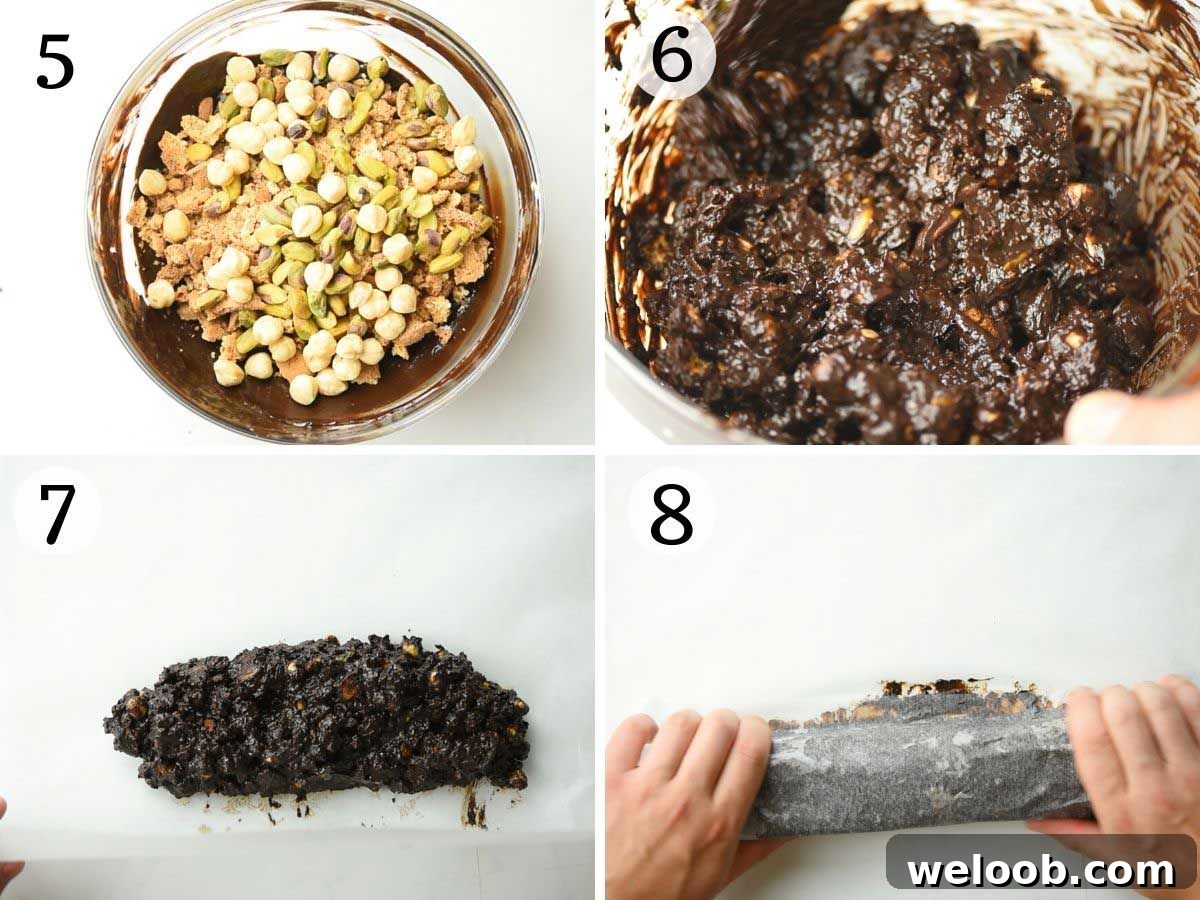 Step by step photos showing how to add nuts and cookies to melted chocolate
