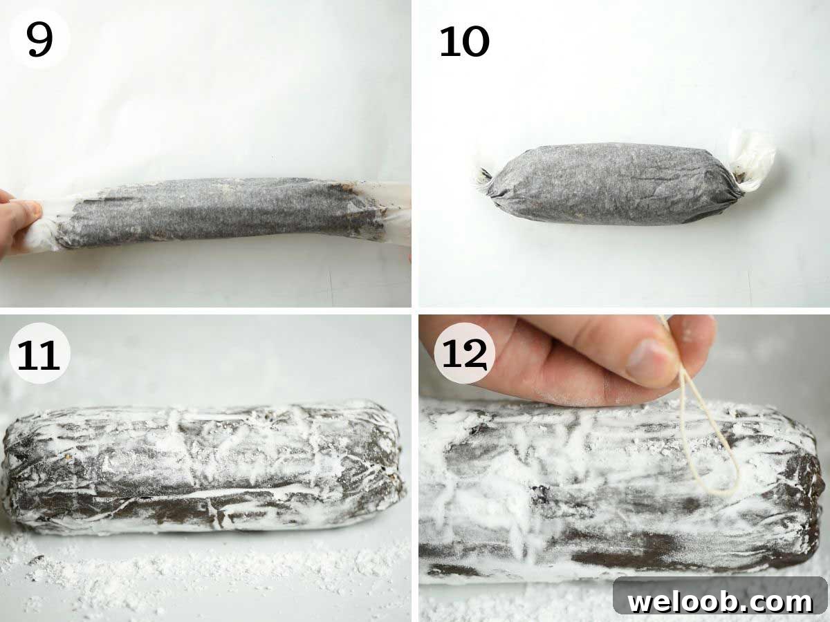 Step by step photos showing how to roll a chocolate salami and dust in sugar