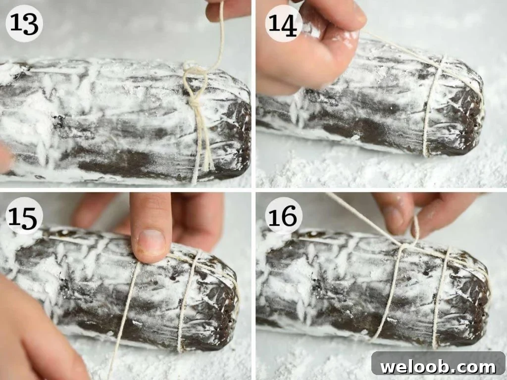 Step by step photos showing how to tie a chocolate salami with kitchen string