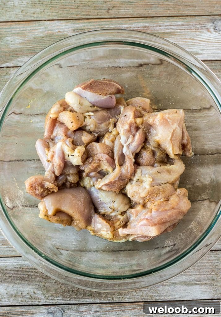 Chunks of chicken in a bowl mixed with spice rub