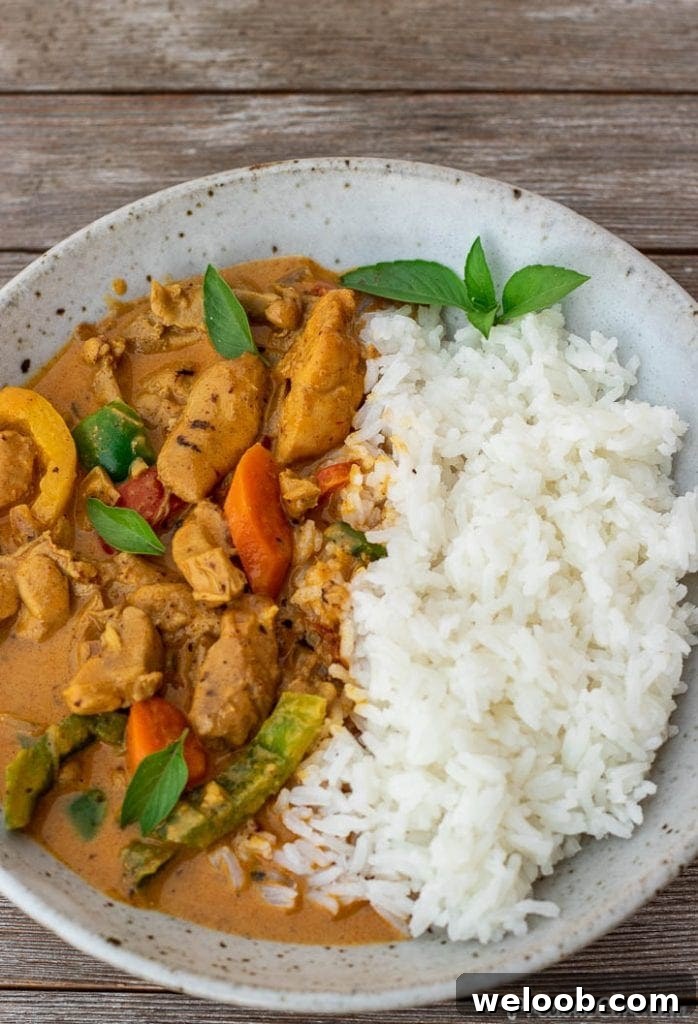 coconut curry chicken and rice in a bowl