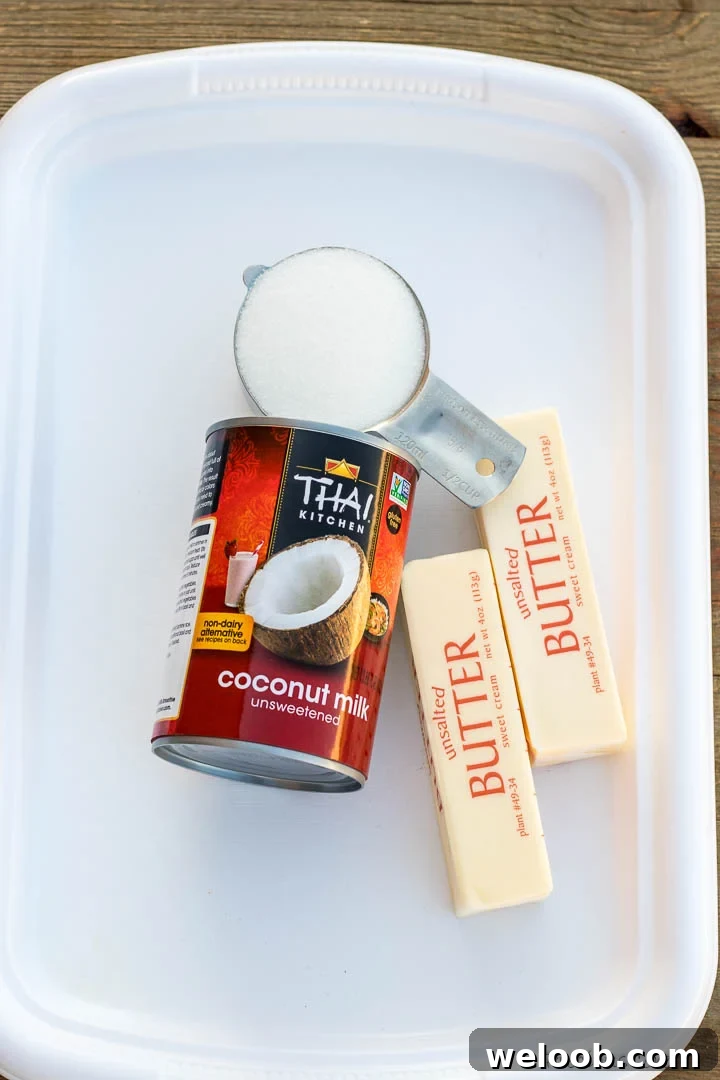 Coconut milk, butter and sugar