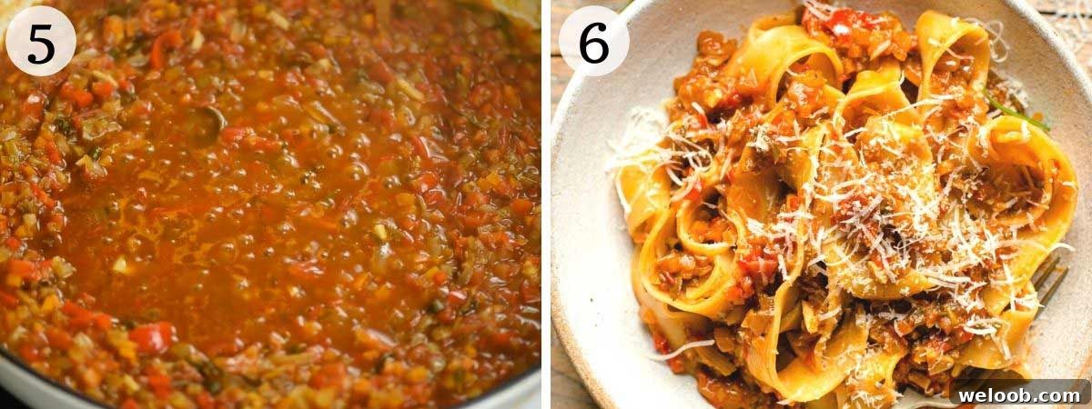 Two photos showing a how vegetable ragu should look once cooked