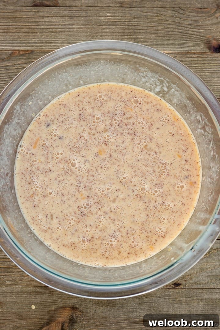 Egg mixture for bread pudding in a bowl