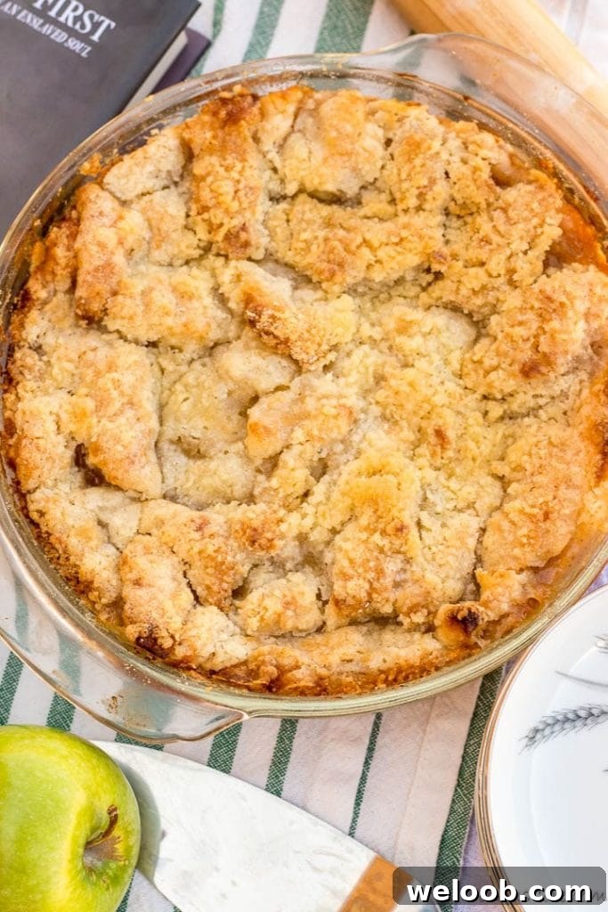 Old-fashioned apple pie in a pie plate.