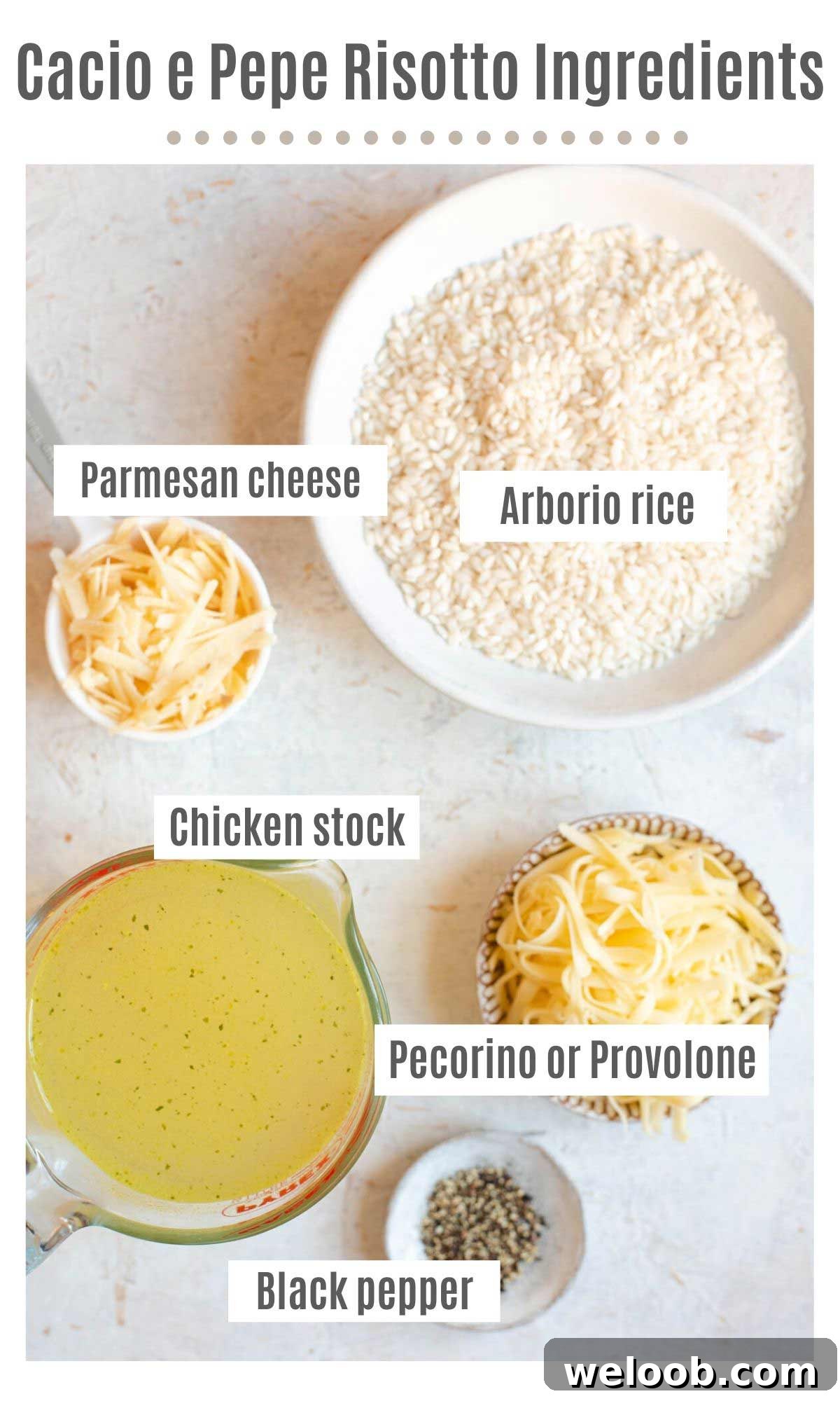 An overhead shot of all the ingredients you need to make cacio e pepe risotto