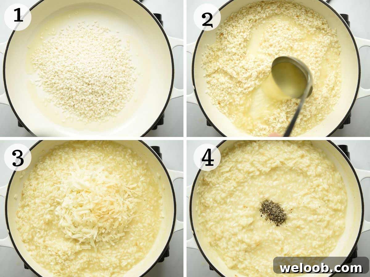 Step by step photos showing how to make cacio e pepe risotto