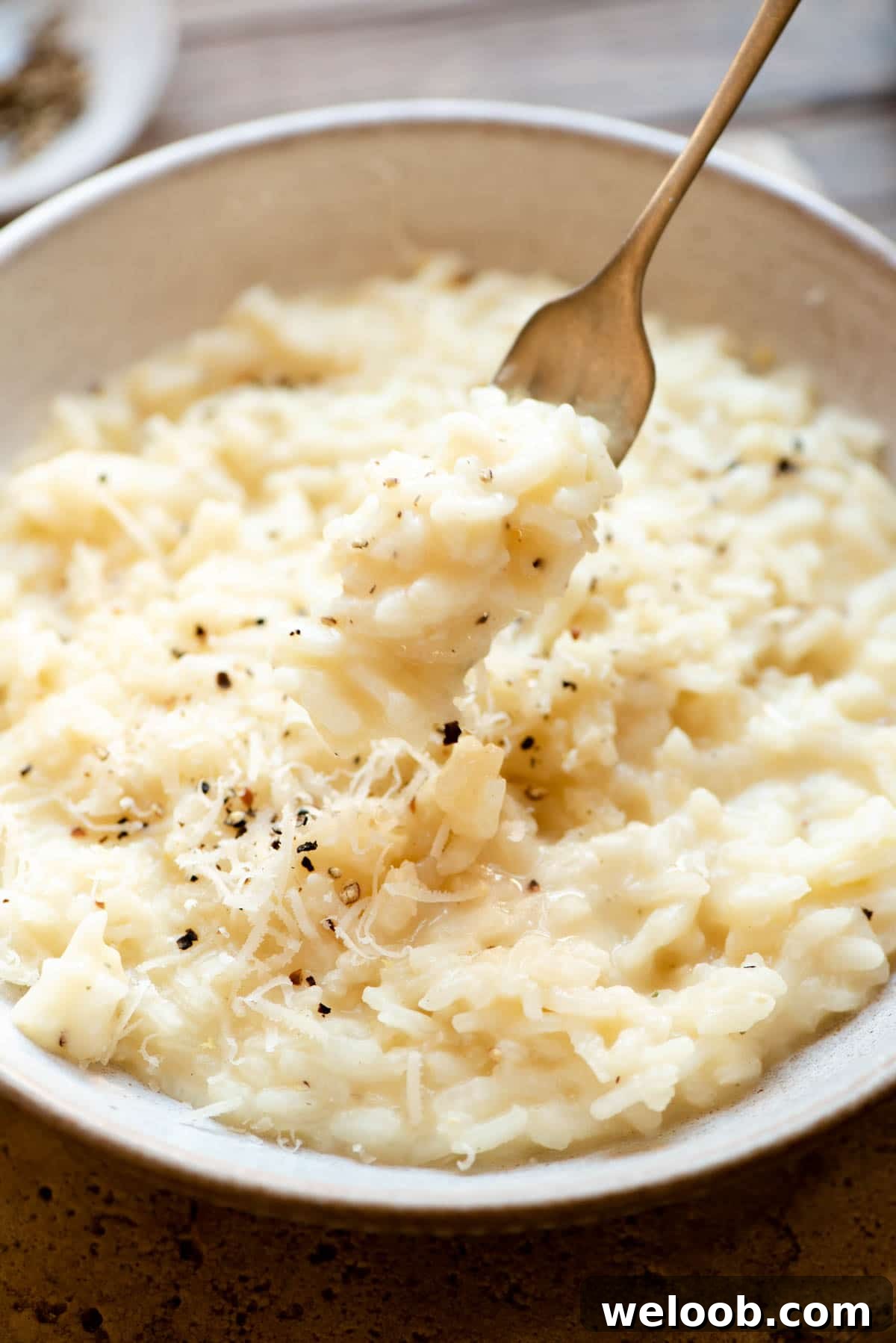 A close up of risotto on a fork