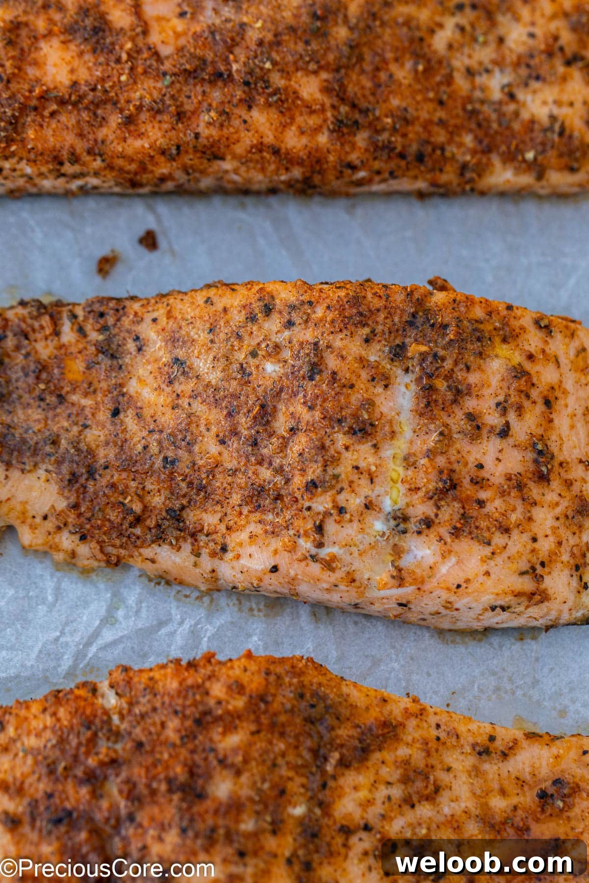 Baked Cajun salmon on parchment paper.