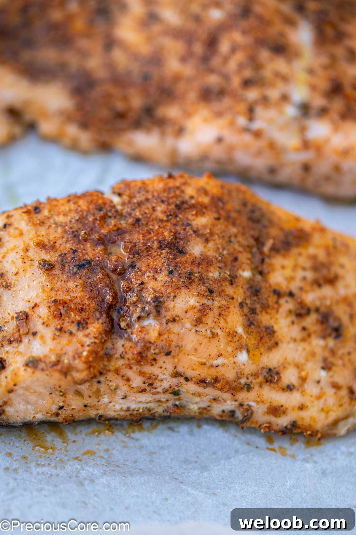 Close up shot of baked salmon.