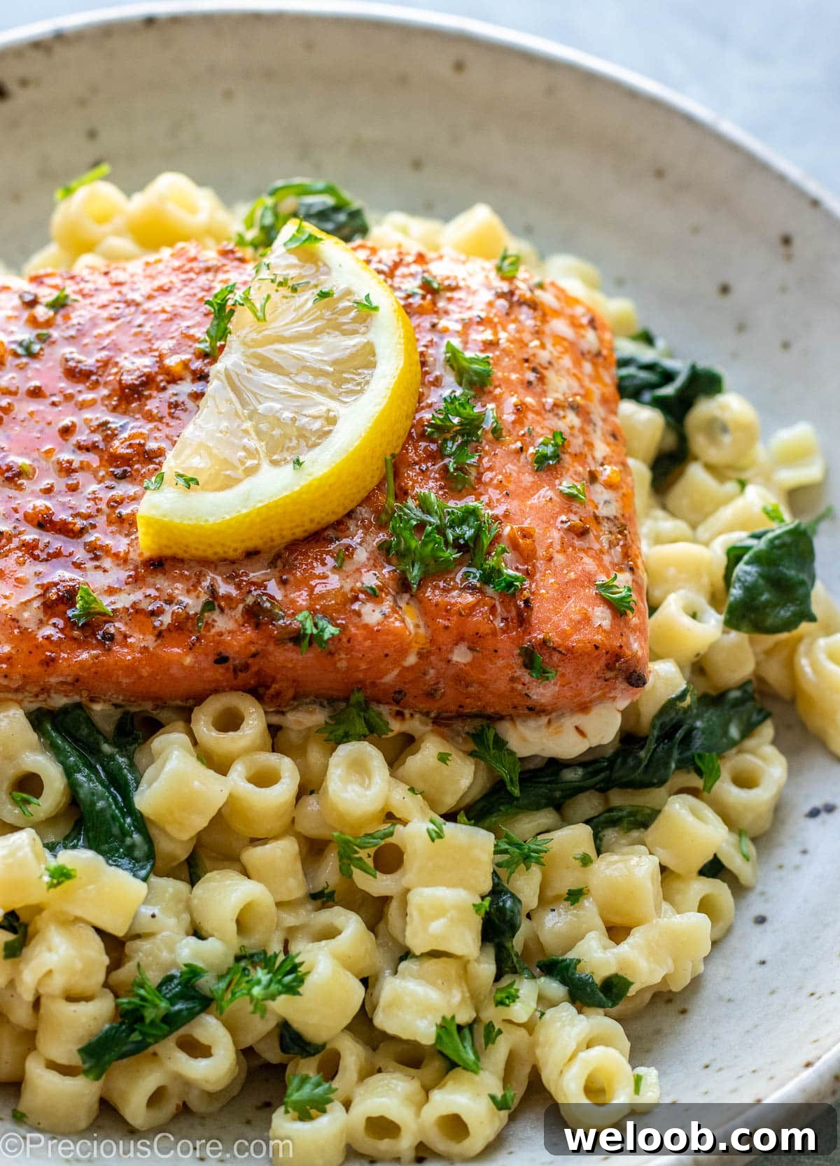 Cajun Salmon over pasta in a dish.