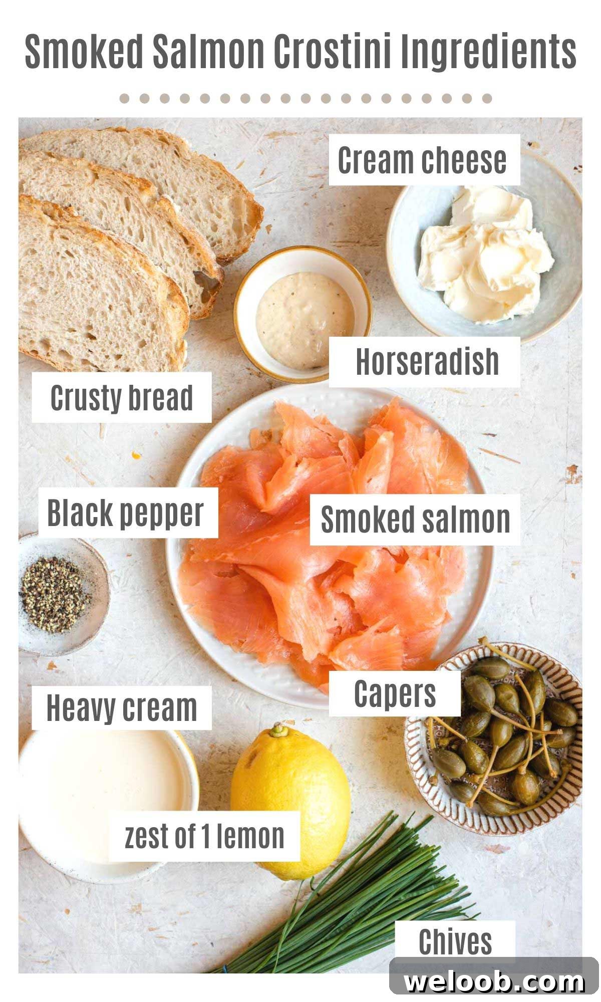 An overhead shot of all the ingredients you need to make smoked salmon crostini