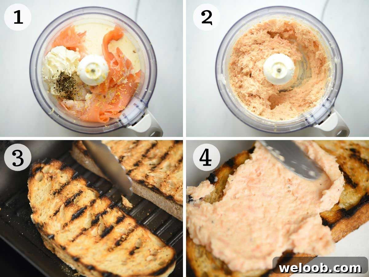 Step by step photos showing how to make smoked salmon crostini