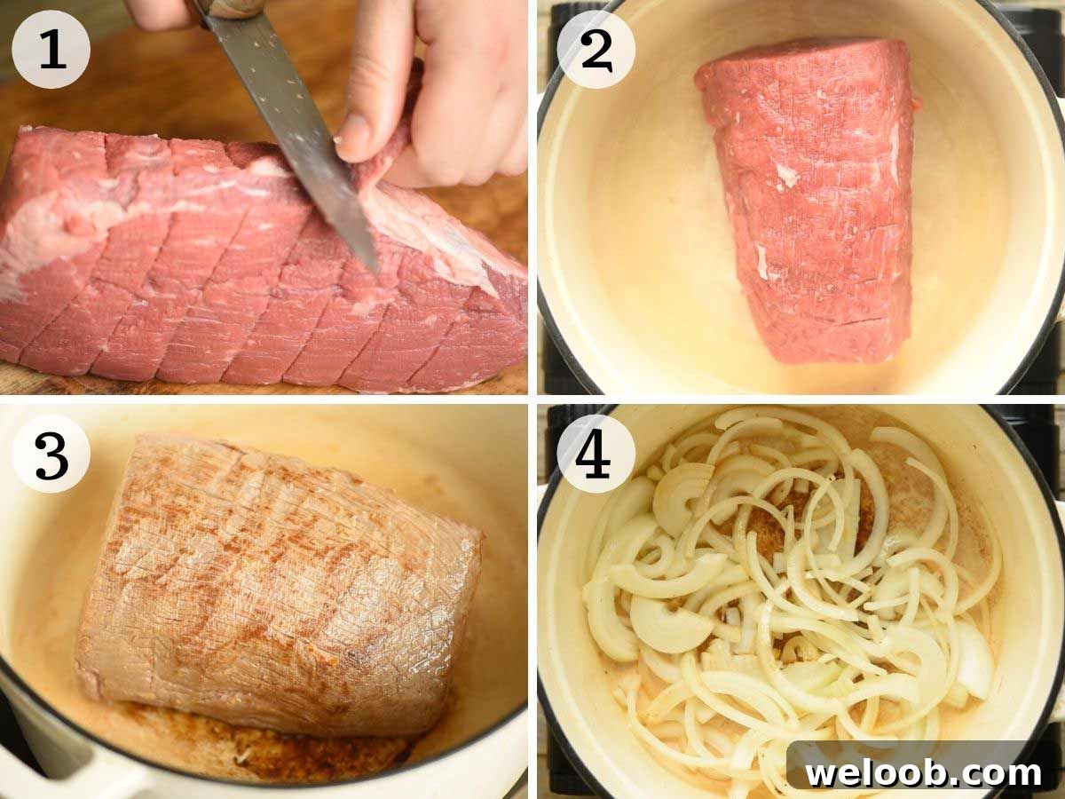 Step by step photos showing how to brown Italian roast beef