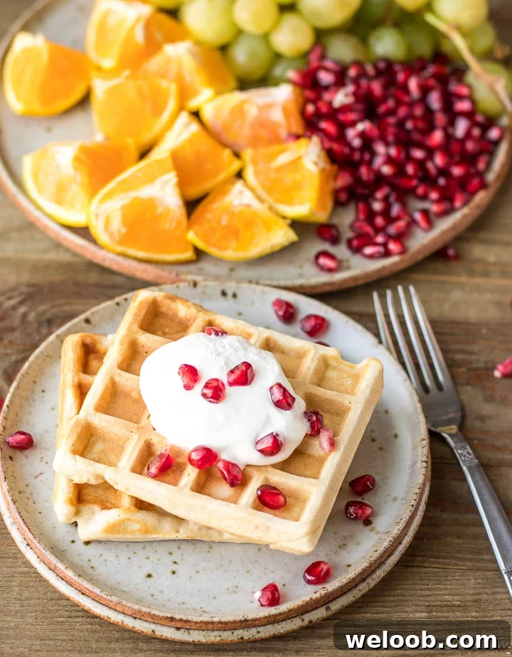 2 waffles on a plate with whipped cream and pomegranate seeds on top