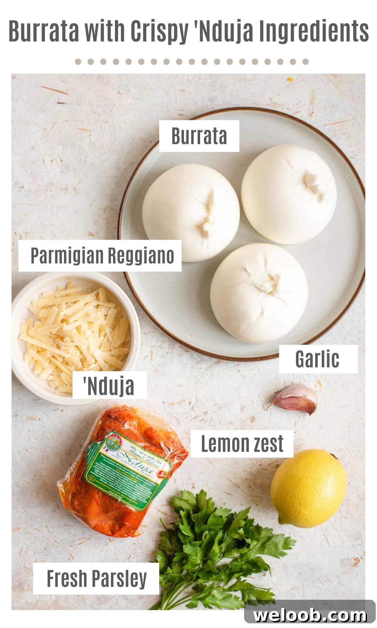 An overhead shot of all the ingredients you need to make Burrata with 'Nduja and gremolata