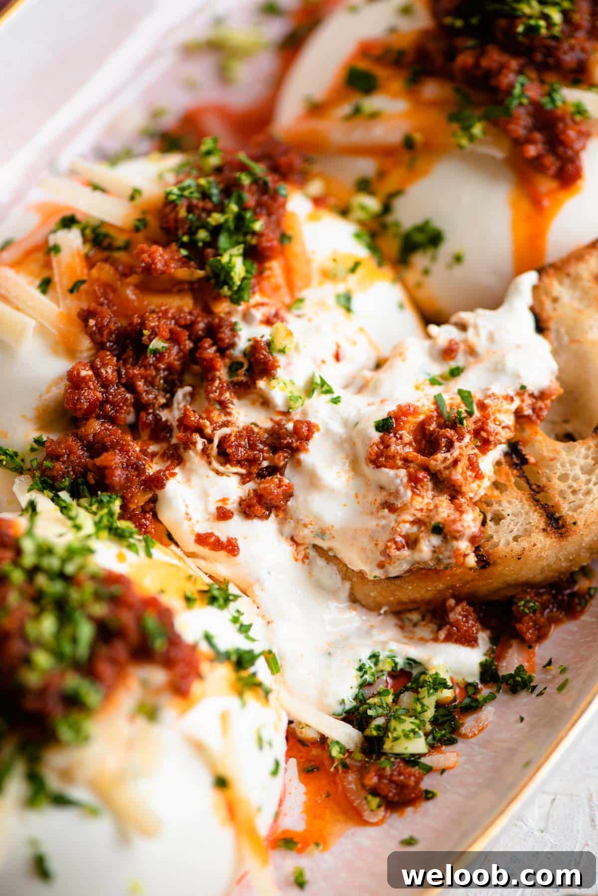 A close up of burrata cheese with 'Nduja and ciabatta bread