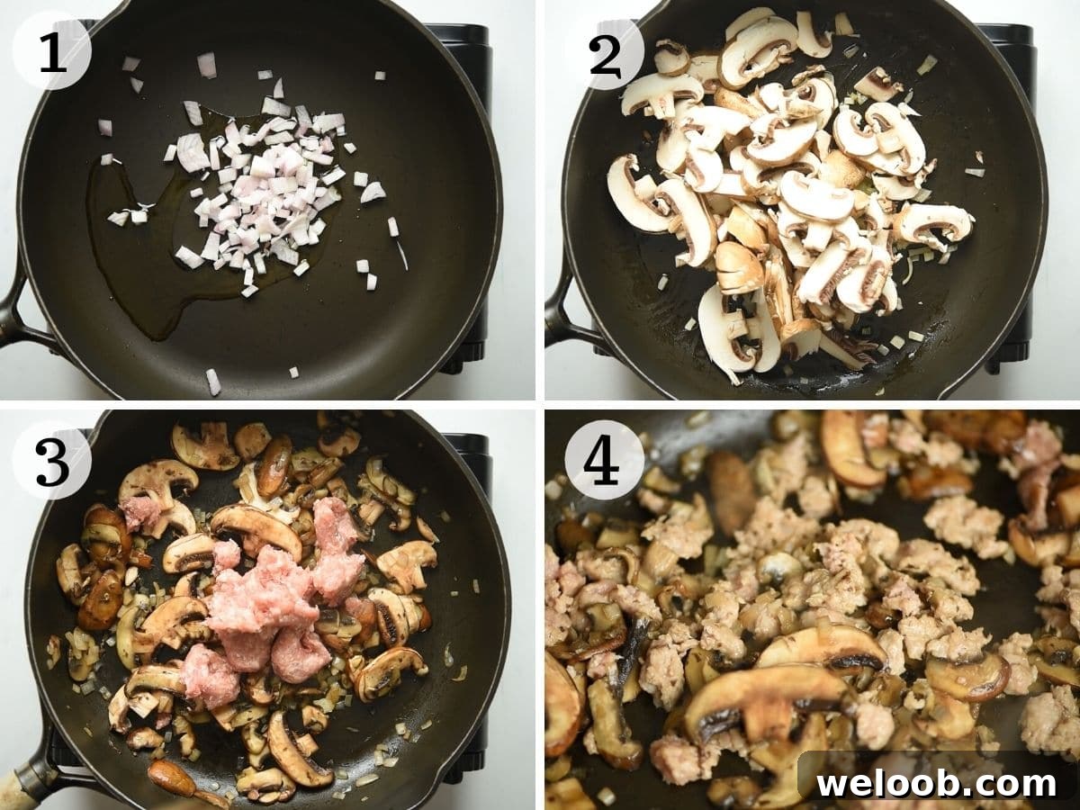 Step by step photos showing how to saute shallot, mushrooms and sausage