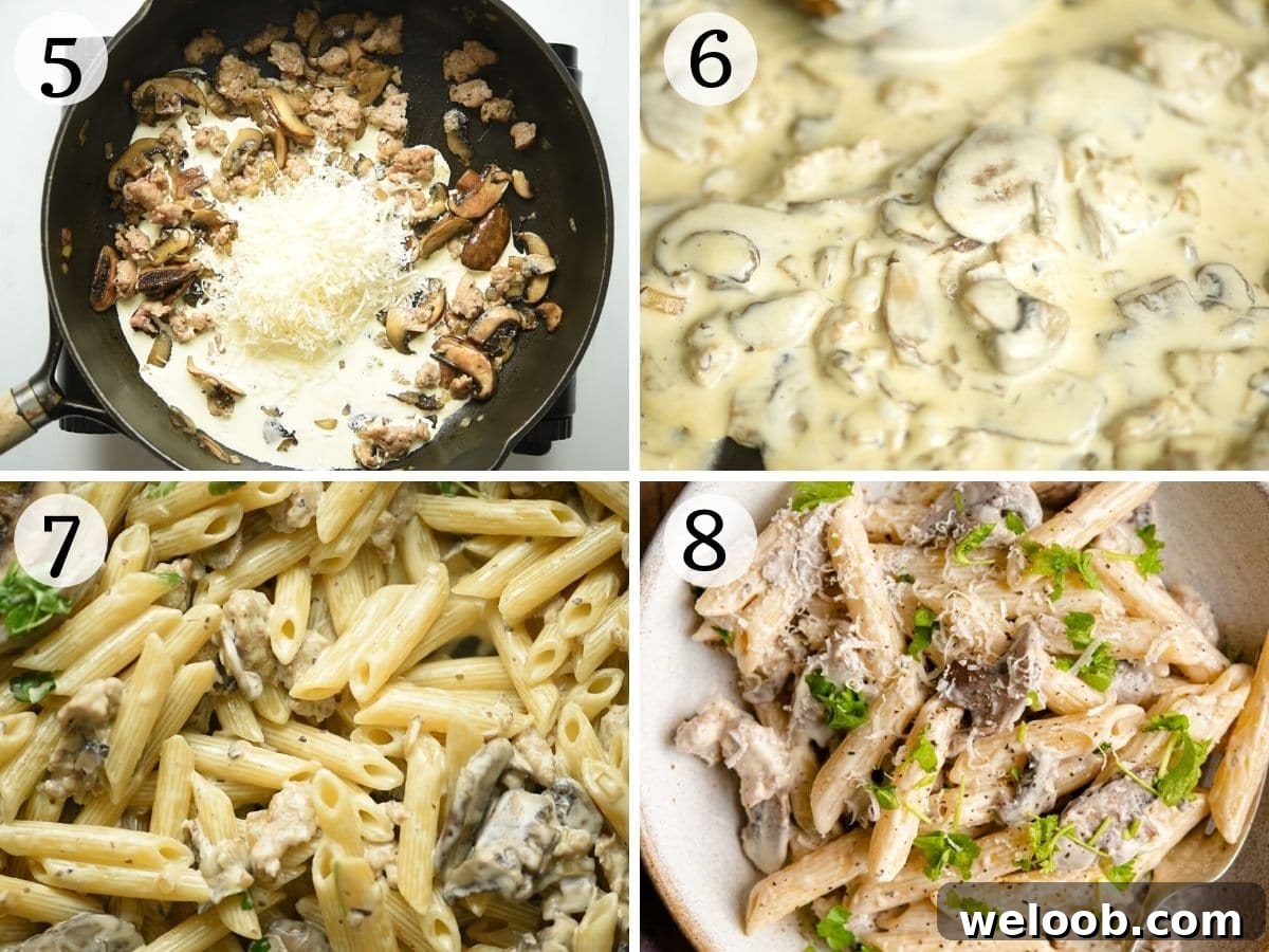 Step by step photos showing how to make pasta alla Boscaiola