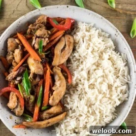 A bowl of rice and chicken stir fry. Easy dinner recipe for family