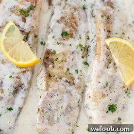 Fish in white sauce with lemon slices.