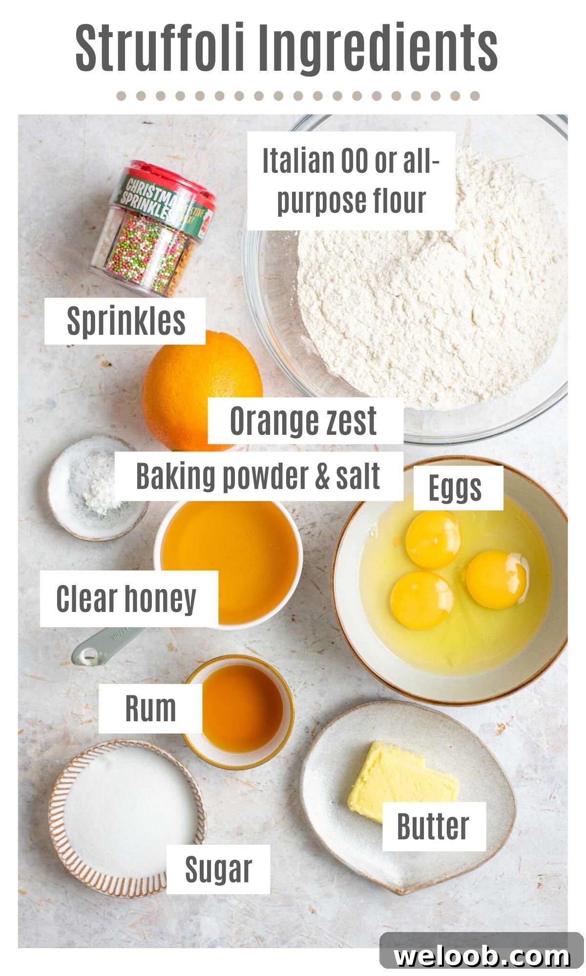 An overhead shot of all the ingredietns you need to make Struffoli