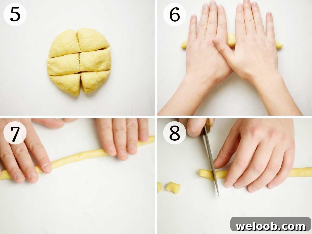 Step by step photos showing how to roll struffoli into balls