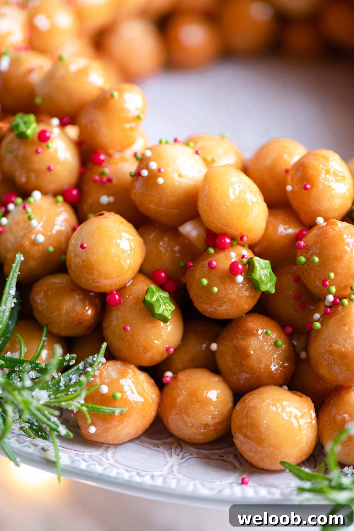 A close up of struffoli Italian honey balls