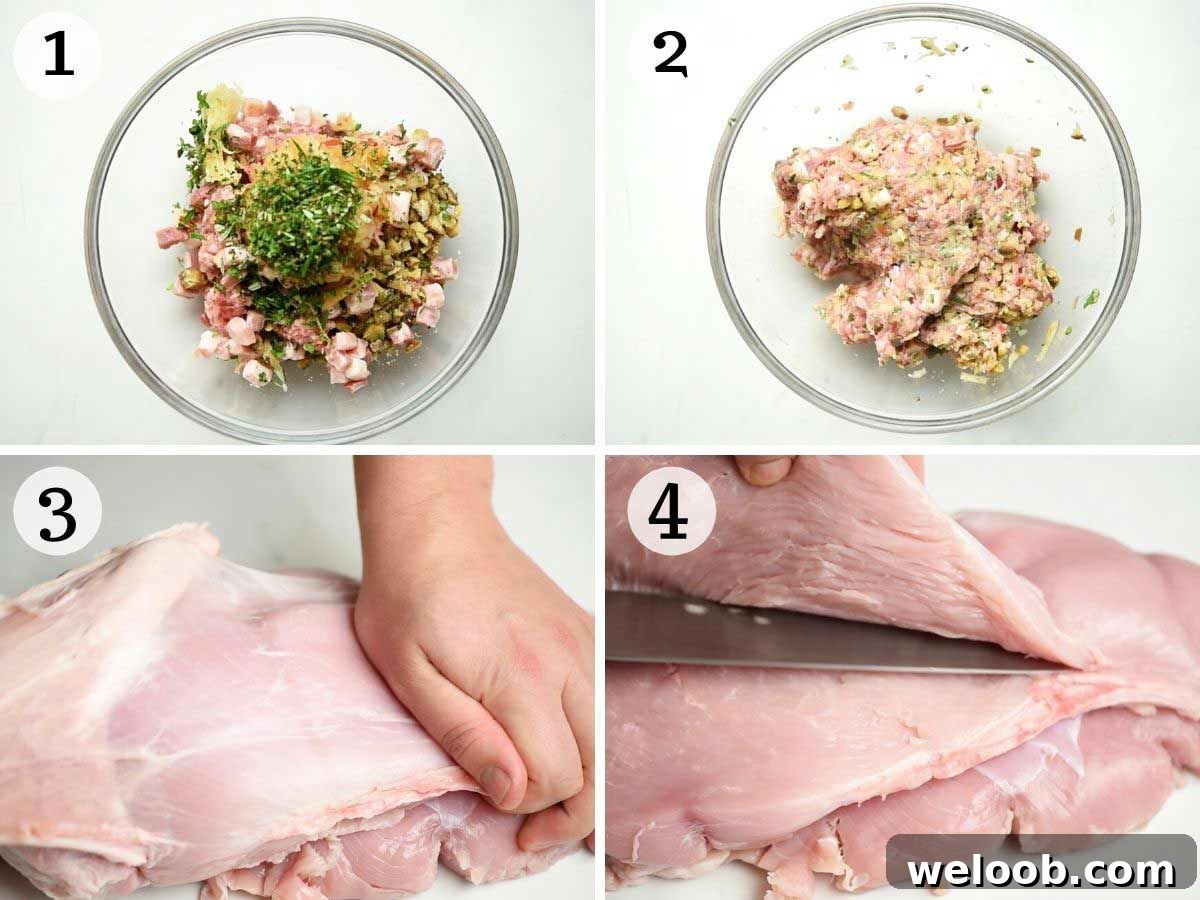 Step by step photos showing how to make sausage stuffng and butterfly a turkey breast