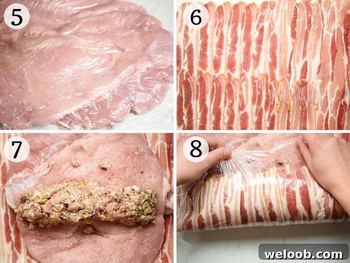 Step by step photos showing how to stuff and roll an turkey breast