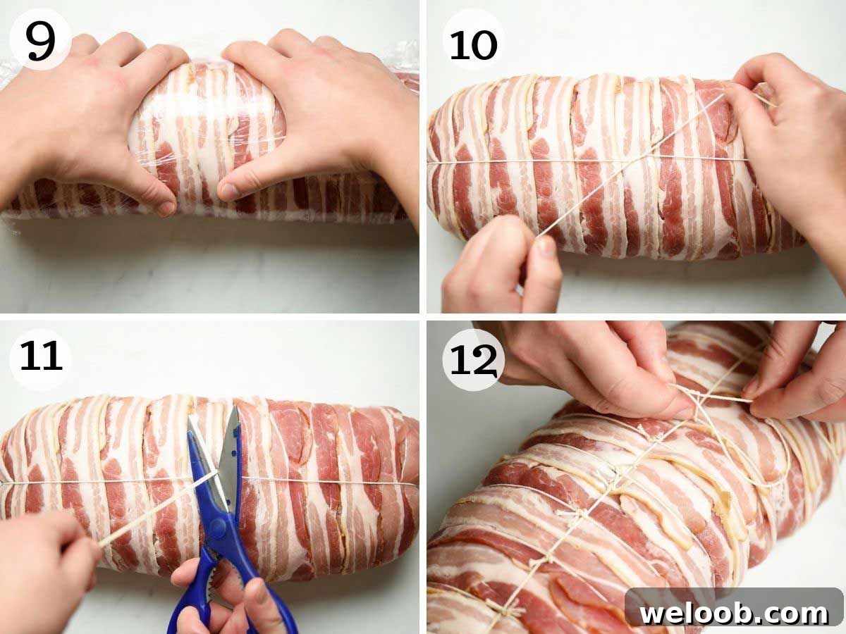 Step by step photos showing how to tie up a turkey breast with kitchen string