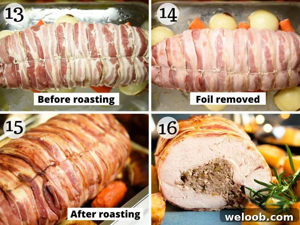 Step by step photos showing a stuffed turkey breast before and after roasting