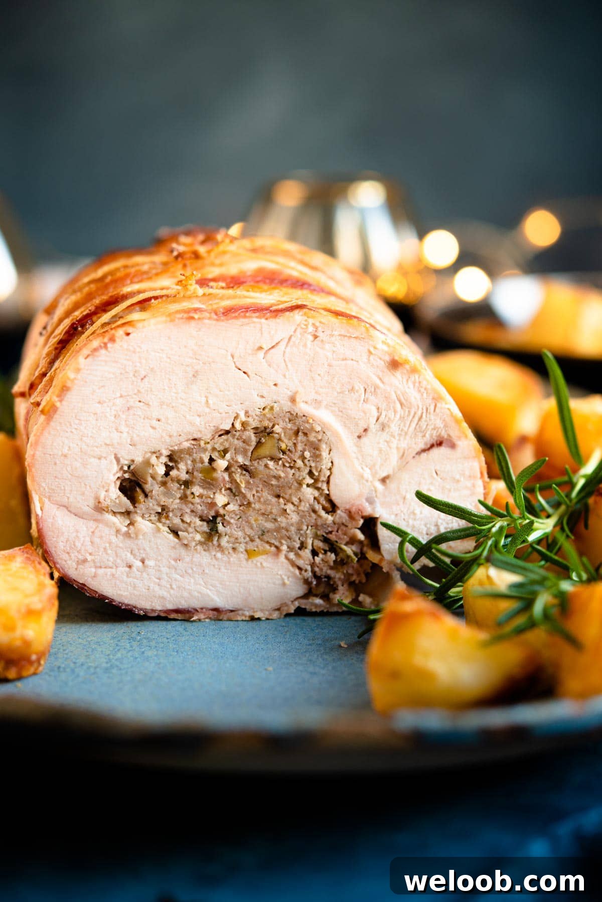 A close up of sausage and chestnut stuffed turkey breast on a serving plate