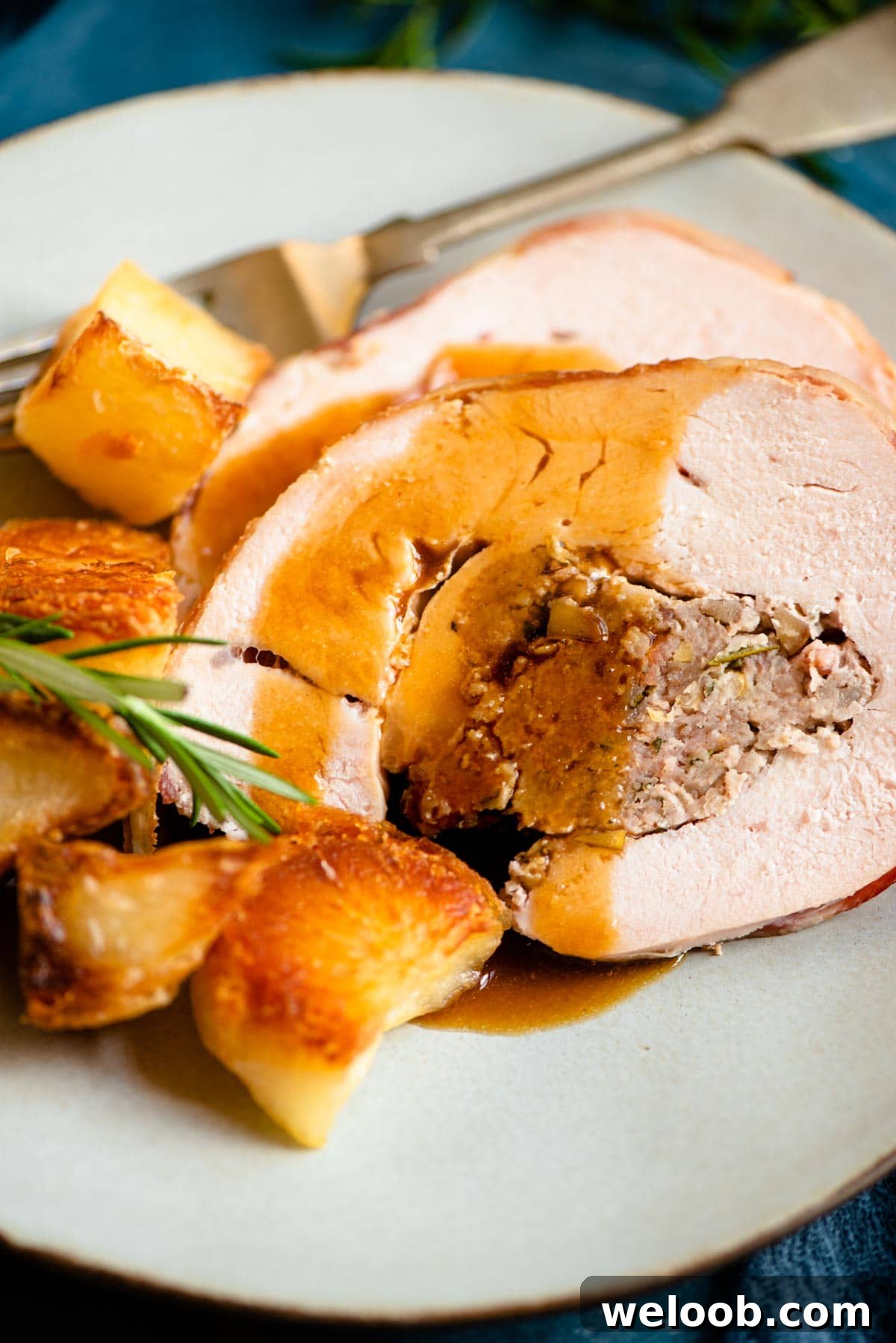 A close up of slices of stuffed turkey breast on a plate with gravy