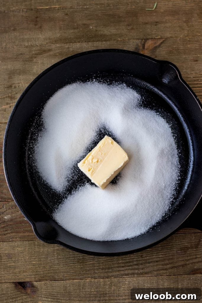 Butter and sugar in cast iron skillet