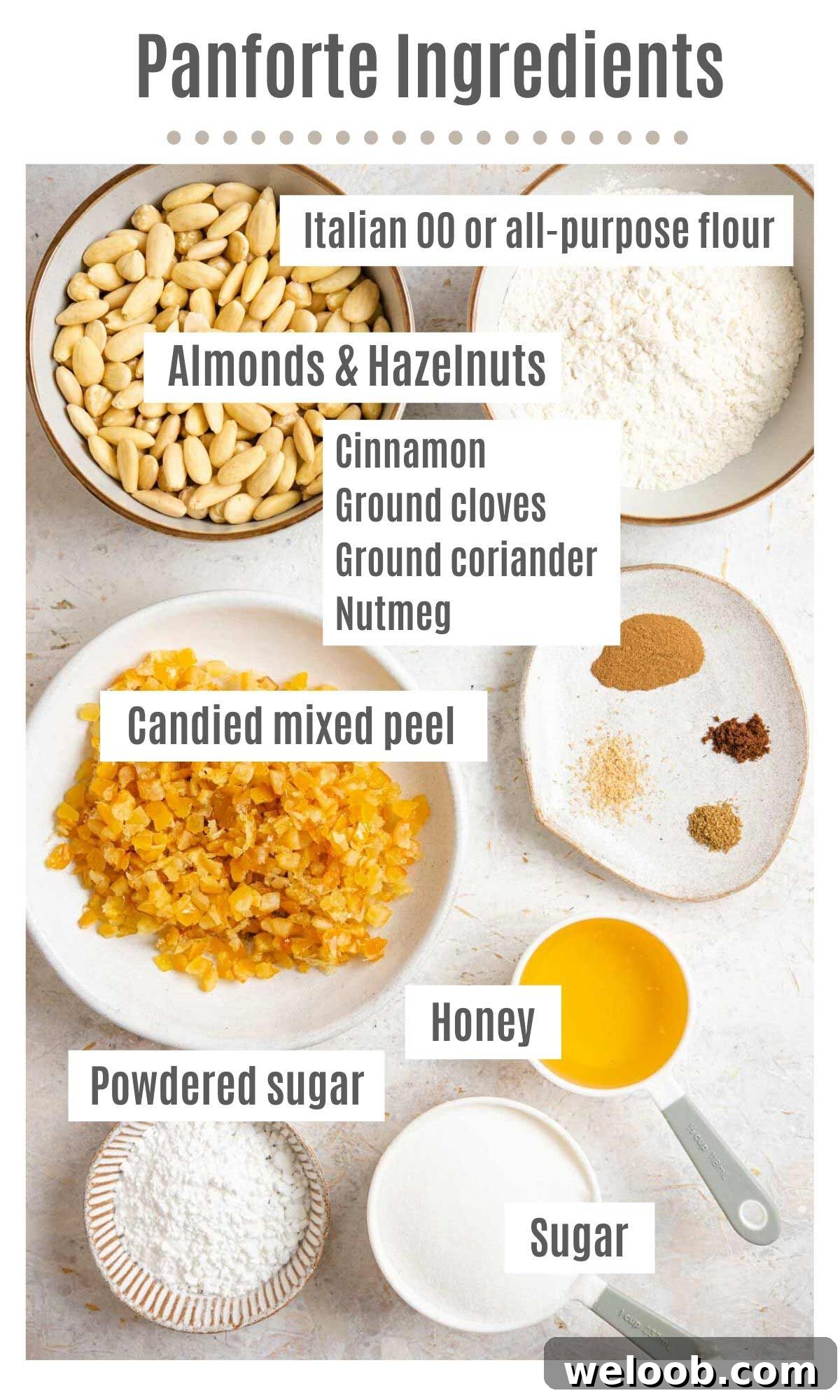 An overhead shot of all the ingredietns you need to make panforte