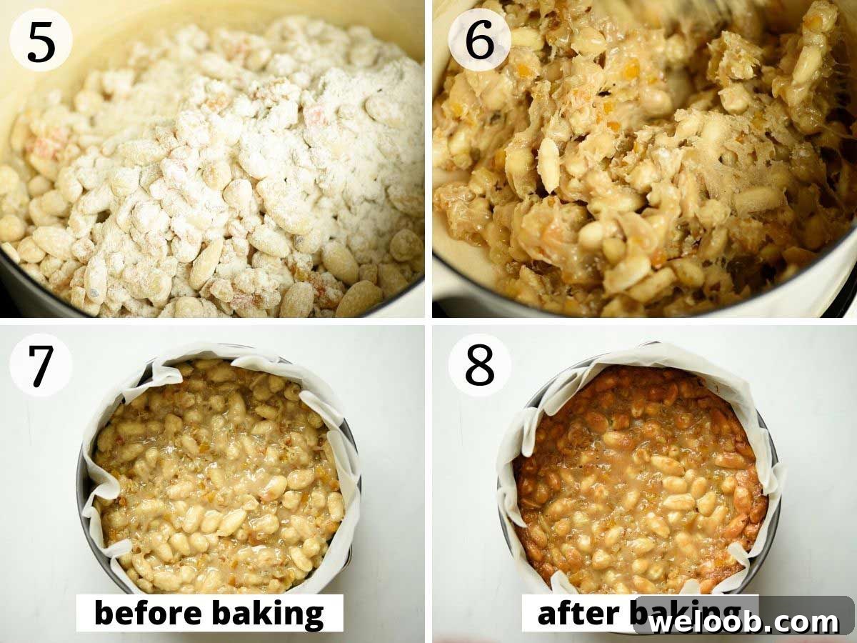 Step by step photos showing panforte before and after baking