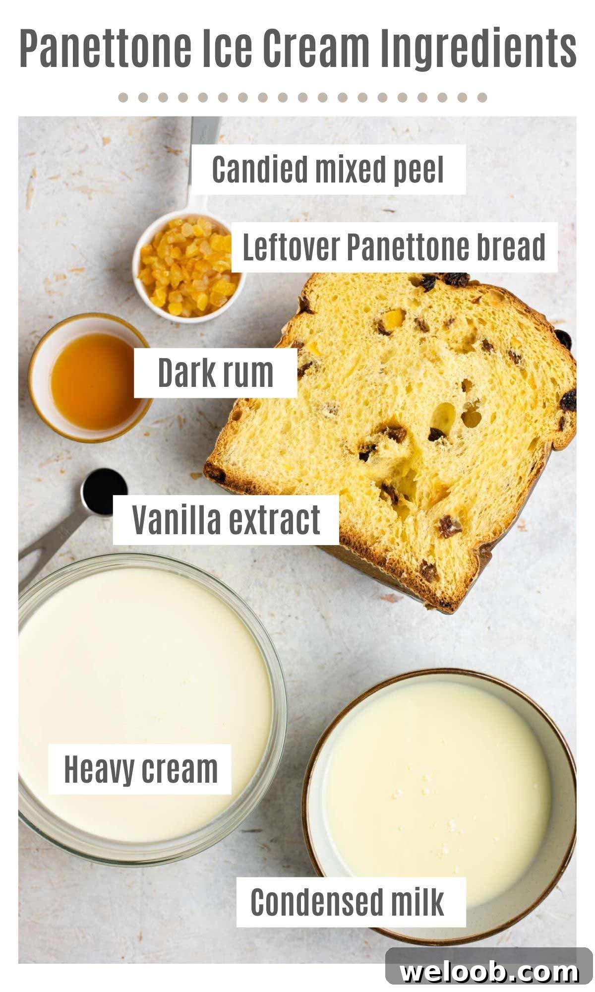 An overhead shot of all the ingredients you need to make Panettone ice cream