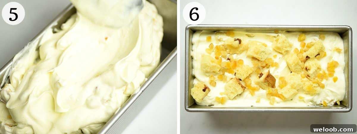 Two photos showing how to freeze panettone ice cream