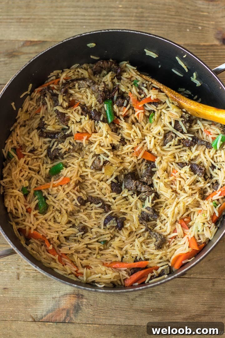 Beef fried rice in a pot.