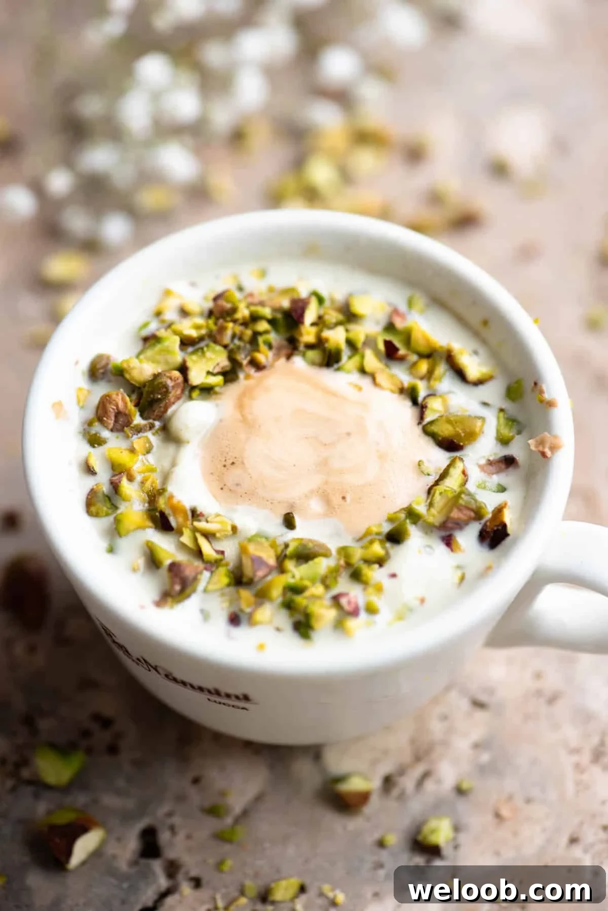 Pistachio Affogato Recipe: Creamy Pistachio Gelato with Espresso 2 A pistachio affogato topped with chopped pistachios on a travertine surface.