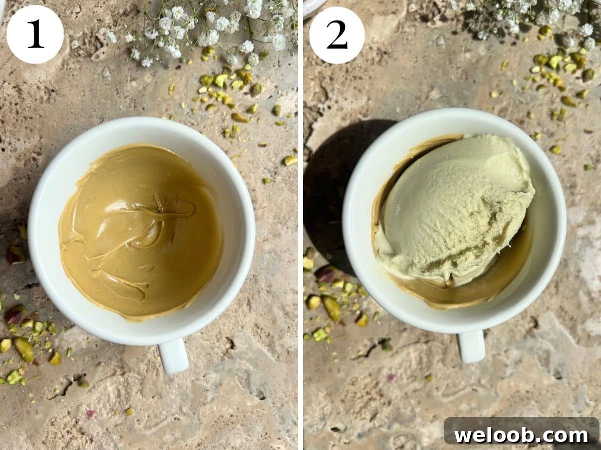 Pistachio Affogato Recipe: Creamy Pistachio Gelato with Espresso 6 Two photos showing a cup with pistachio cream spread inside and then filled with ice cream.