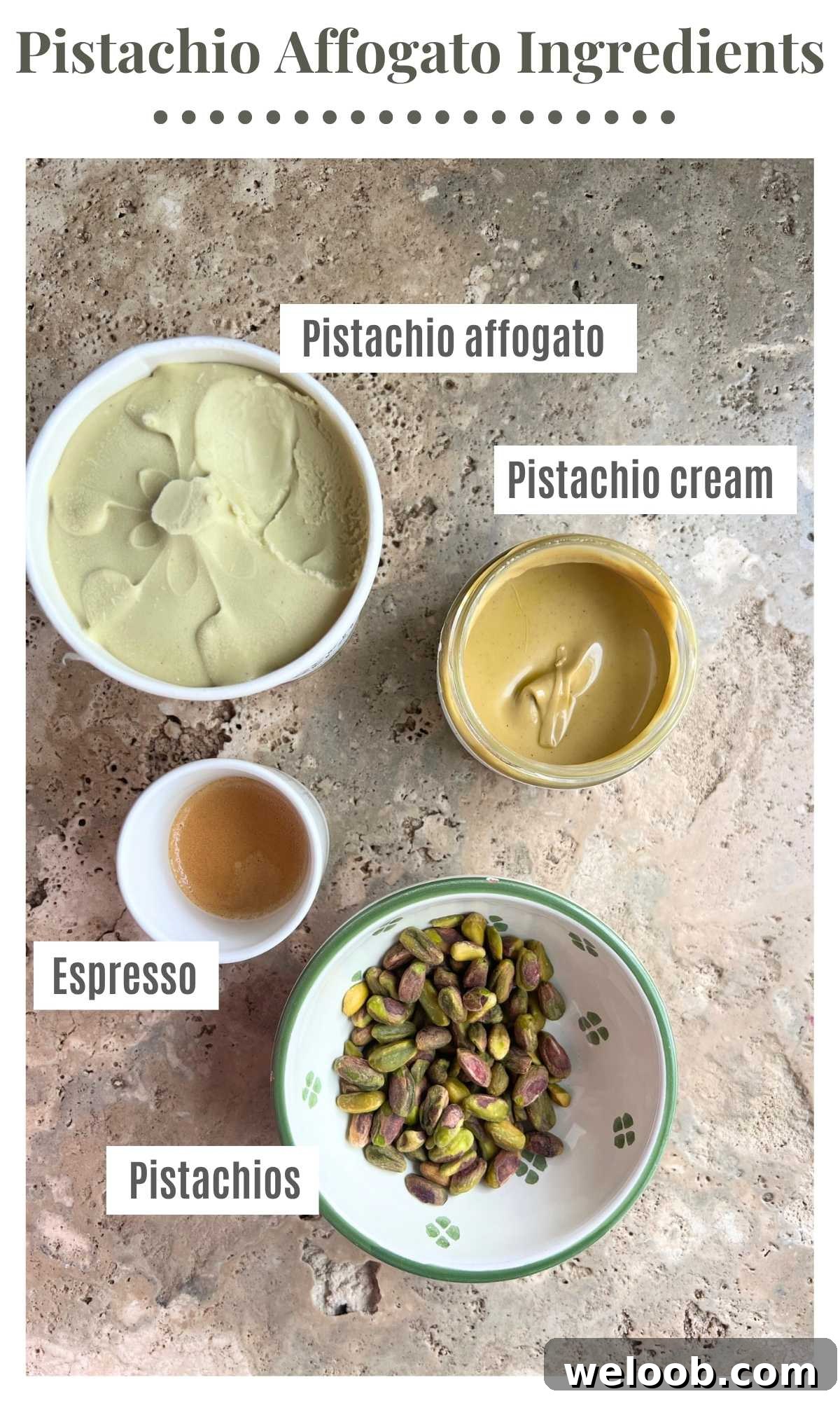 Pistachio Affogato Recipe: Creamy Pistachio Gelato with Espresso 3 Pistachio ice cream, pistachio cream, espresso and pistachio nuts on a travertine surface.