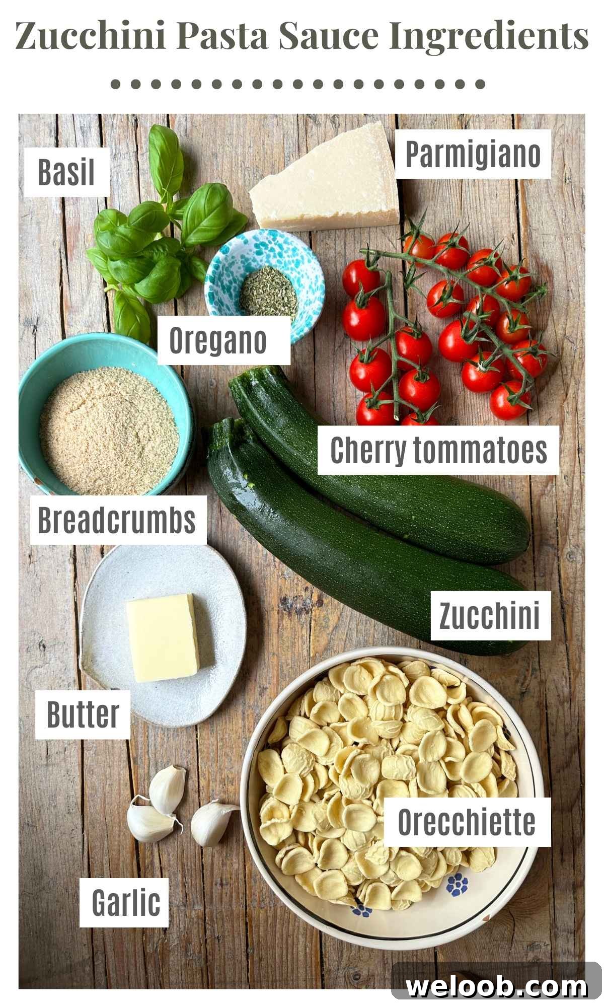 Orecchiette with Zucchini, Brown Butter and Roasted Tomatoes 3 An overhead shot of the ingredients needed to make a zucchini butter pasta. Basil, parmigiano, cherry tomatoes, breadcrumbs, zucchini, orecchiette, garlic, butter and oregano.