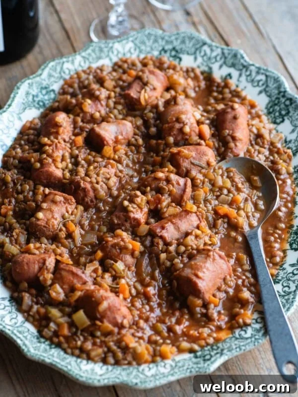 Italian sausages and lentils on a large serving plate sitting on a wooden table.